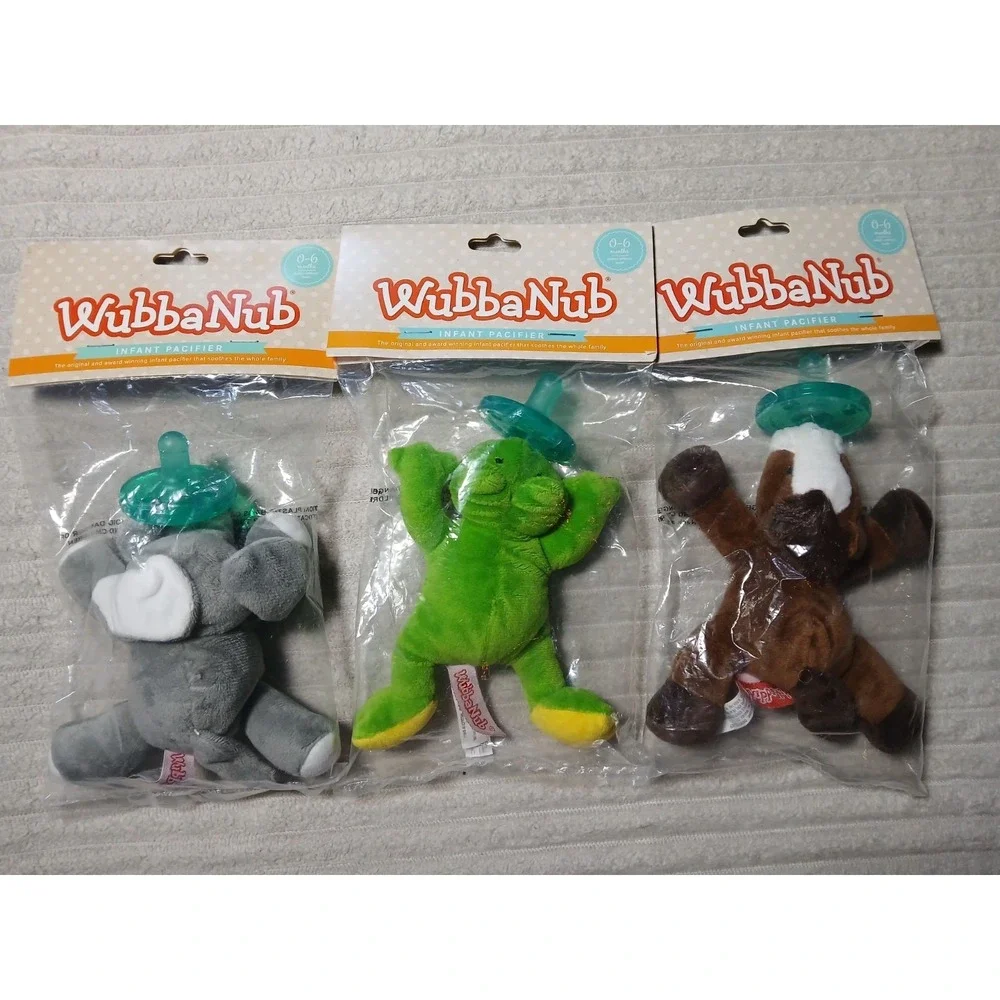 2010 Wubbanub Gray Elephant/ Frog/ Horse Silicone Pacifier Buddy Plush Lot NEW!!